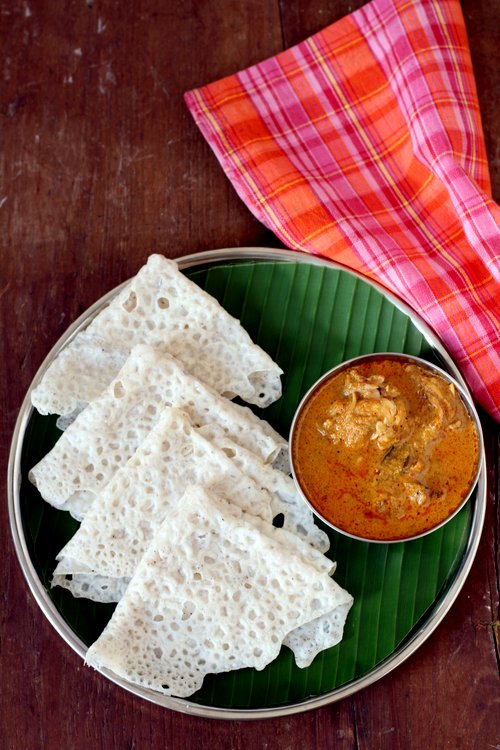 Neer Dosa, lace-thin soft rice crêpes served with chutney